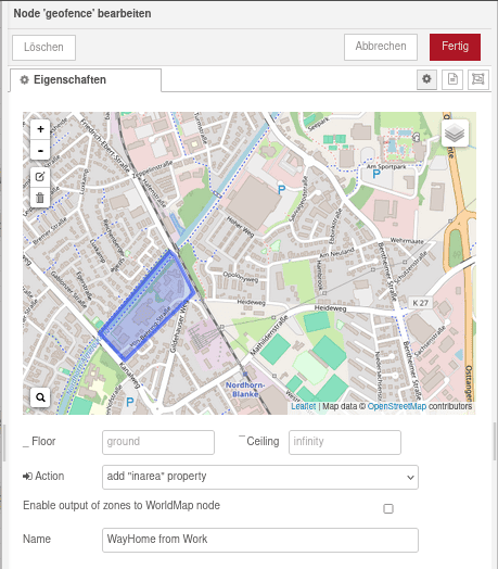 Überblick Node geofence mit Zone Way from home